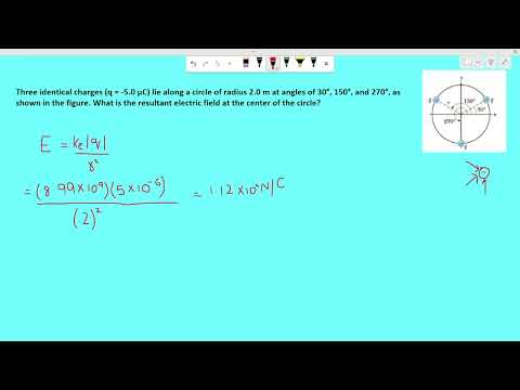Three identical charges (q = -5.0 µC) lie along a circle of radius 2.0 m at angles of 30°, 150°, and