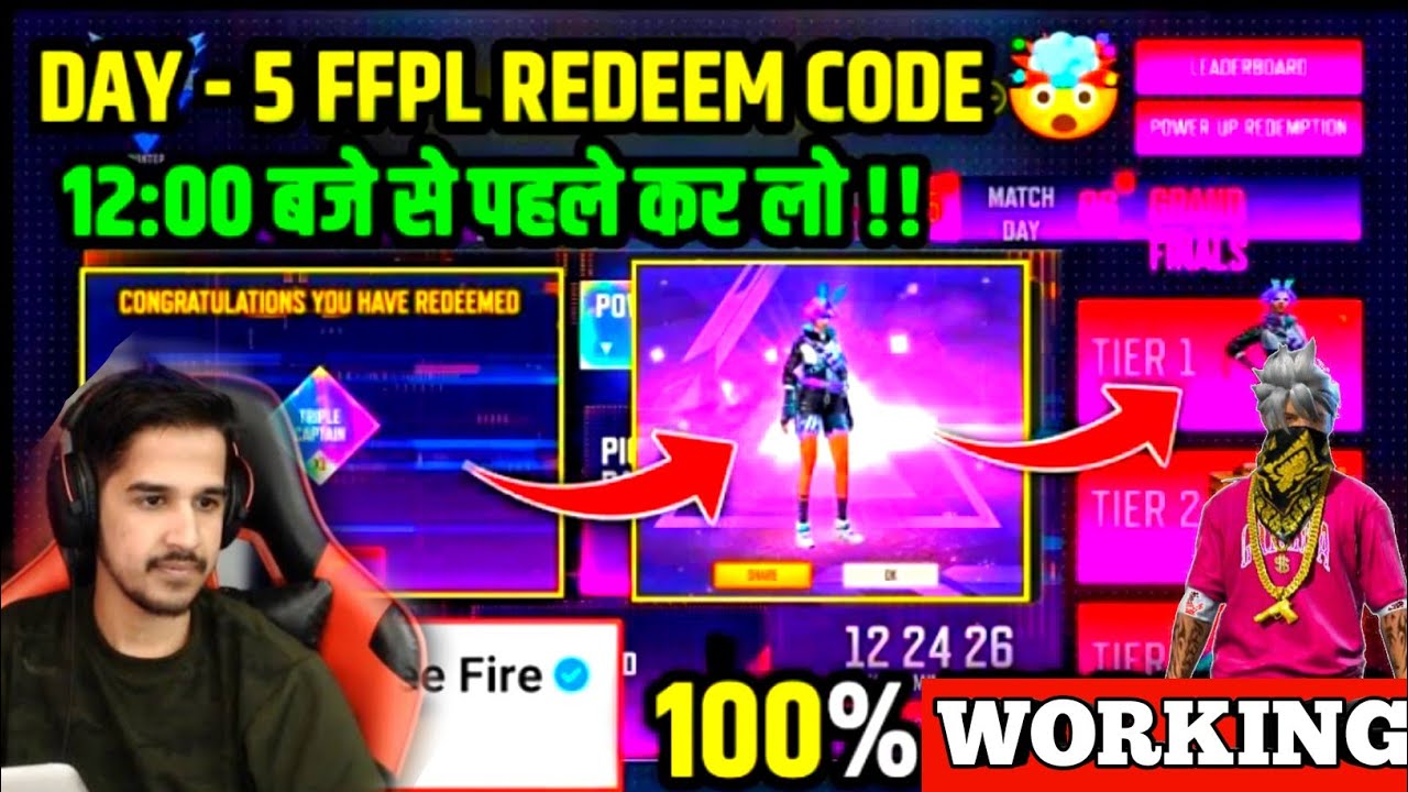 REDEEM CODE FREE FIRE TODAY | FFPL MATCH DAY 5 REDEEM CODE | TODAY POWER UP REDEMPTION CODE |