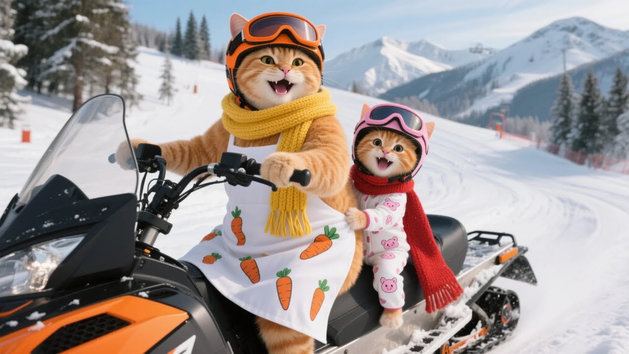 A Day of Adorable Ginger Kitten With Mama Cat at the Ski Resort in Winter ❄️⛷️🐱