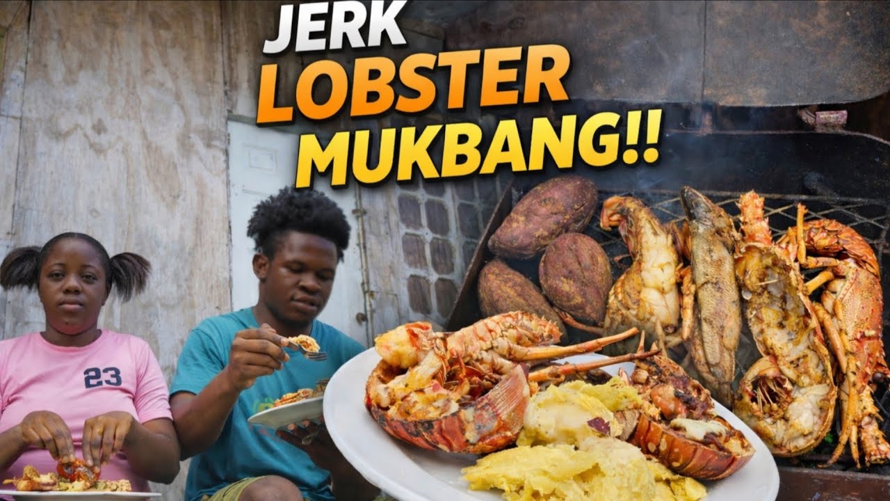 Jerk Lobster & fish with sweet potatoes for our dinner 