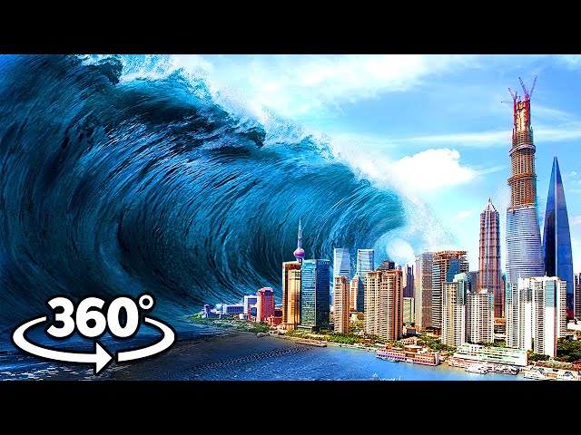 360 TSUNAMI WAVE HITS THE BEACH - How to Survive a Natural Disaster VR 360 Video class=
