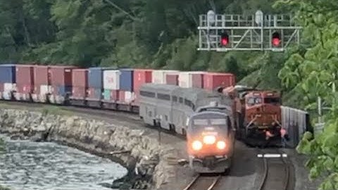 Amtrak "Empire Builder" drops off crew for a BNSF Stack Train at Carkeek Park in Seattle