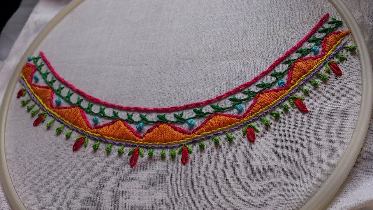 hand embroidery. boat neck embroidery design. - youtube