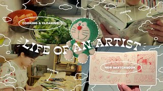 life of an artist with a full-time job 🎨 february studio vlog 📖 new sketchbook, cleaning, cooking 🍲