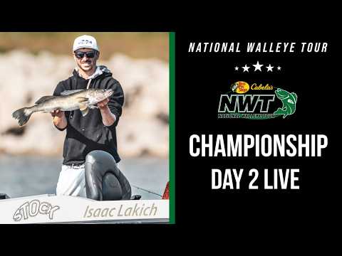 Sea Life, Fish, Person. Text: NATIONAL WALLEYE TOUR NWT CHAMPIONSHIP DAY 2 LIVE STOCK Isaac Lakich
