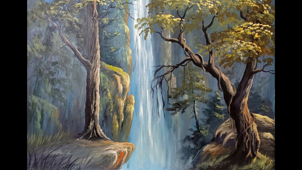 How to Draw a Waterfall Landscape | Cascading Waterfall - YouTube