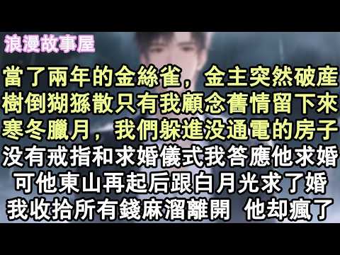 當了兩年的金絲雀，金主突然破產。樹倒猢猻散，只有我顧念舊情留下來。寒冬臘月，我們躲進沒通電的房子。沒有戒指和求婚儀式我答應他求婚。可他東山再起後跟白月光求了婚。