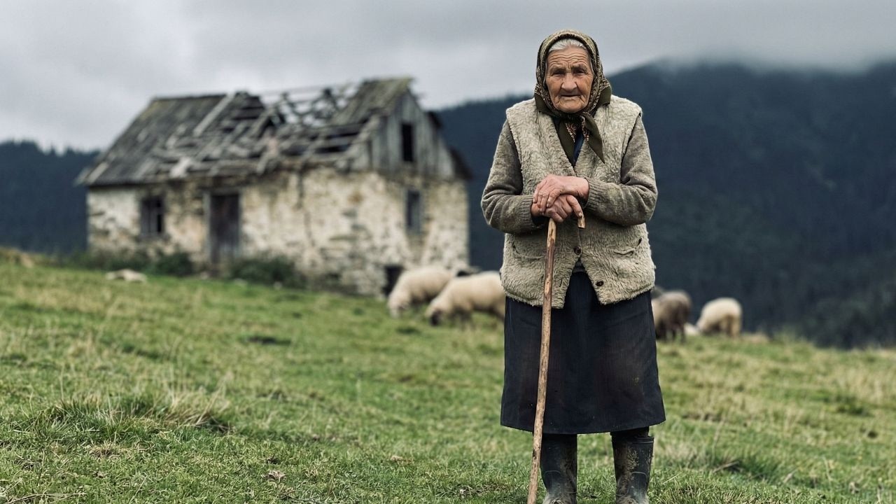 93-year-old grandmother herds 50 sheep alone at 1200m near ruins of abandoned shepherd's hut