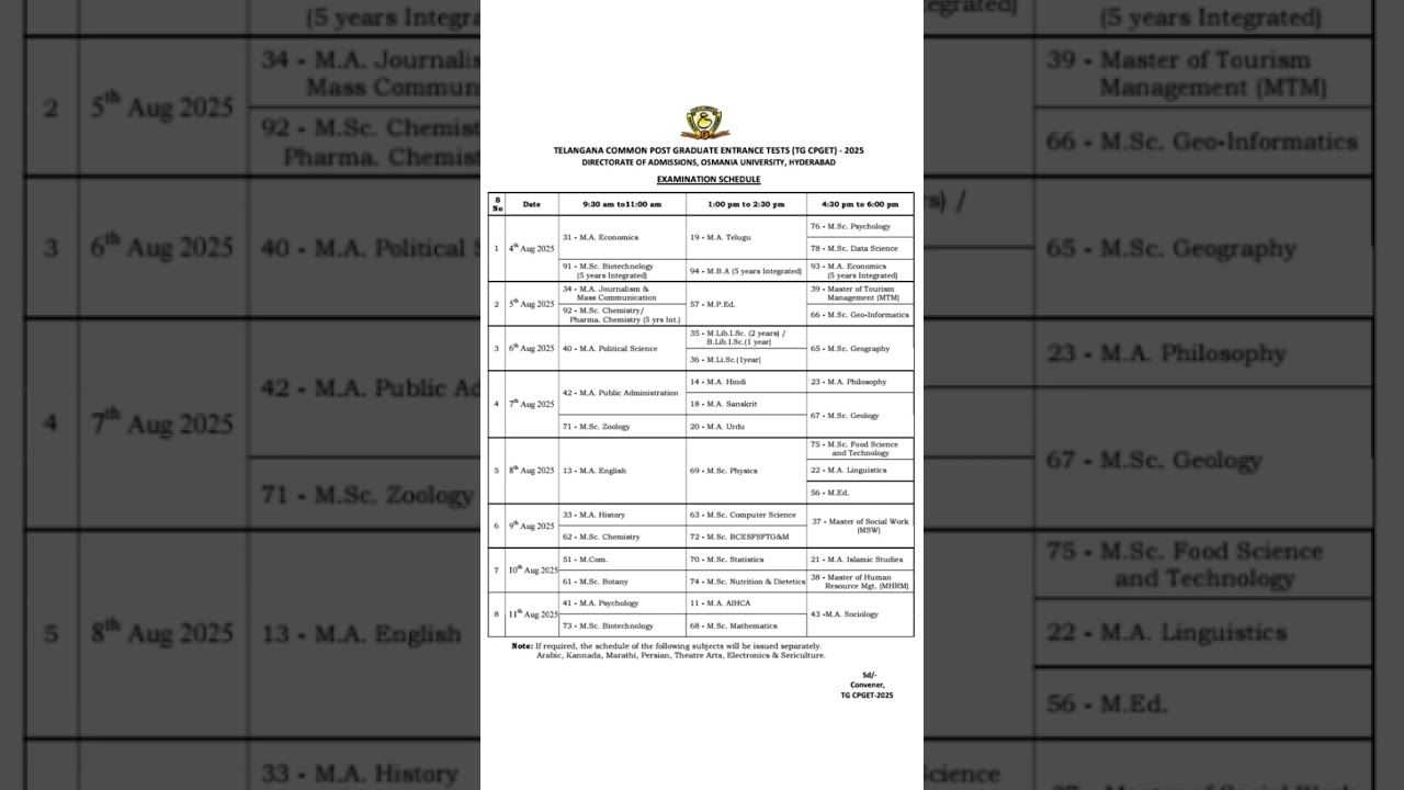 TG CPGET 2025 Time table | Telangana state P.G entrance exam
