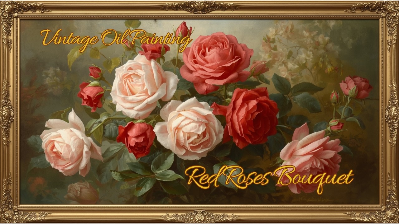 Vintage Pastel Red Roses Oil Painting | Elegant Gold Frame | Timeless Floral Art| TV Screensaver 4K