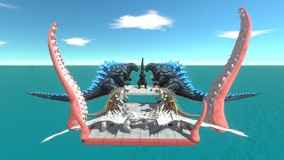 Dinosaur Godzilla Fighting Himself Above Kraken Tentacle