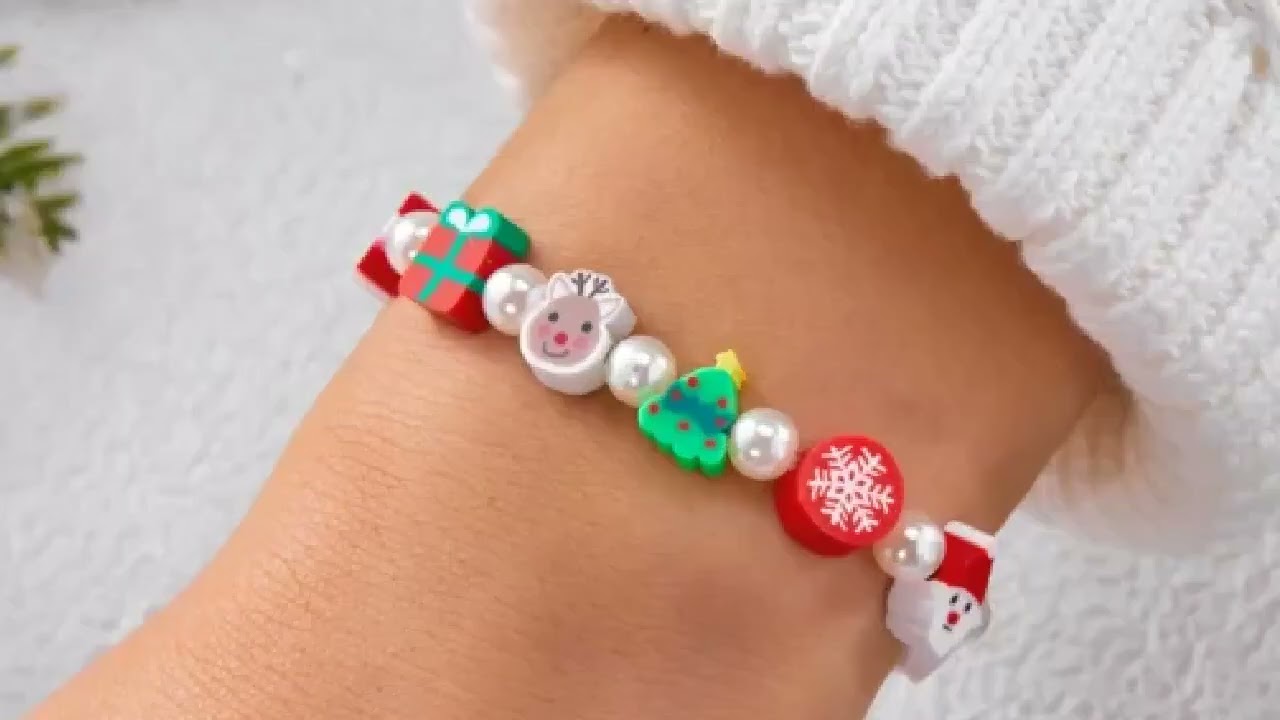 Christmas Soft Clay Santa Claus Reindeer Tree Snowflake Gift Box Candy Snowman Bead Bracelet For Wom