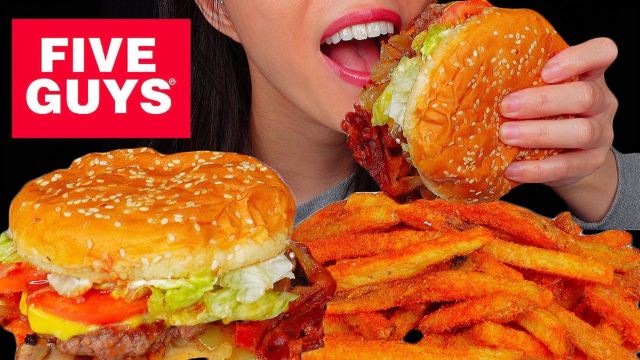 ASMR FIVE GUYS BACON CHEESEBURGER + CAJUN FRIES MUKBANG 먹방 (No Talking) EATING SOUNDS |Rossikle ASMR