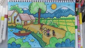 Vẽ tranh phong cảnh quê hương / vẽ tranh phong cảnh làng quê đơn giản #drawing #art