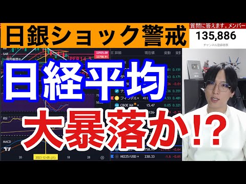 12/18、日本株動くぞ‼︎日銀会合控え日経平均211円下落。嵐の前の静けさでドル円急落はまずい。米国株、ナスダック、半導体株強い。仮想通貨ビットコイン急落。