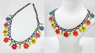 Kum boncuklu oya model çiçek kolye yapımı. Bead flower necklace making. #beading #tutorial #senayel