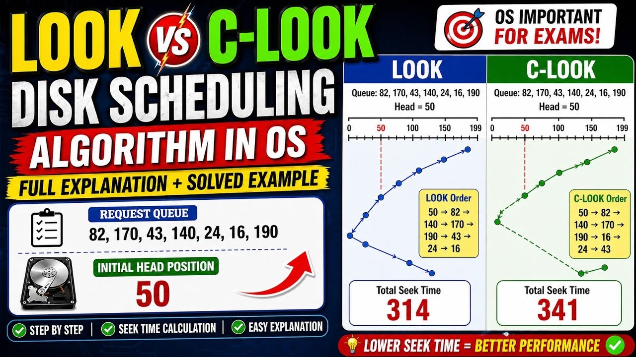LOOK vs C-LOOK Algorithm with Example | OS Disk Scheduling - YouTube