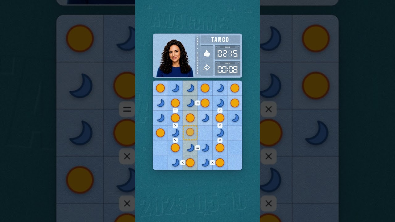 LinkedIn Tango #215 solved board for May 10, 2025, 6x6 grid