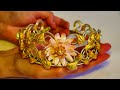 Handmade Flower Tiara with polymer clay chrysanthemum and gold leaf. Diy headband crown