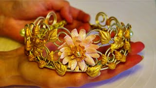 Handmade Flower Tiara with polymer clay chrysanthemum and gold leaf. Diy headband crown