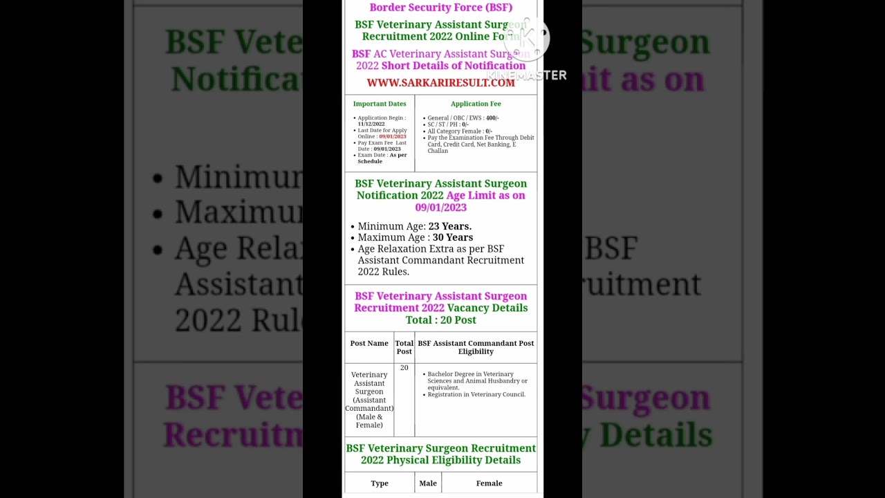 BSF Veterinary Assistant Surgeon Online Form 2022 