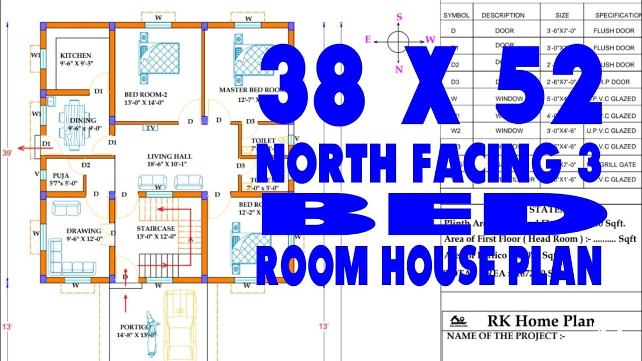 38 x 52 North Facing 3 BHK House Plan as Per Standard Vastu. 
