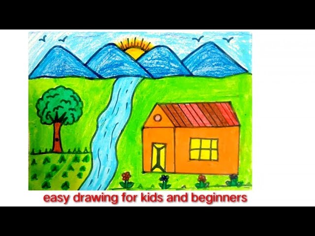 How to Draw Easy Scenery for Kids | Drawing A Simple Lake Scenery Step b...  | Scenery drawing for kids, Easy drawings, Easy scenery drawing