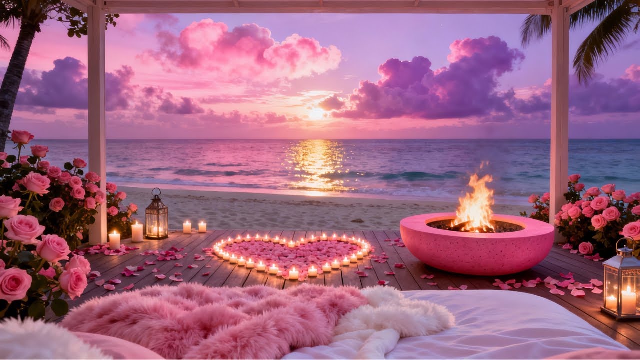 💗🌊 Dreamy Pink Valentine’s Beach Ambience 💕 Ocean Waves, Crackling Fire & Healing Music