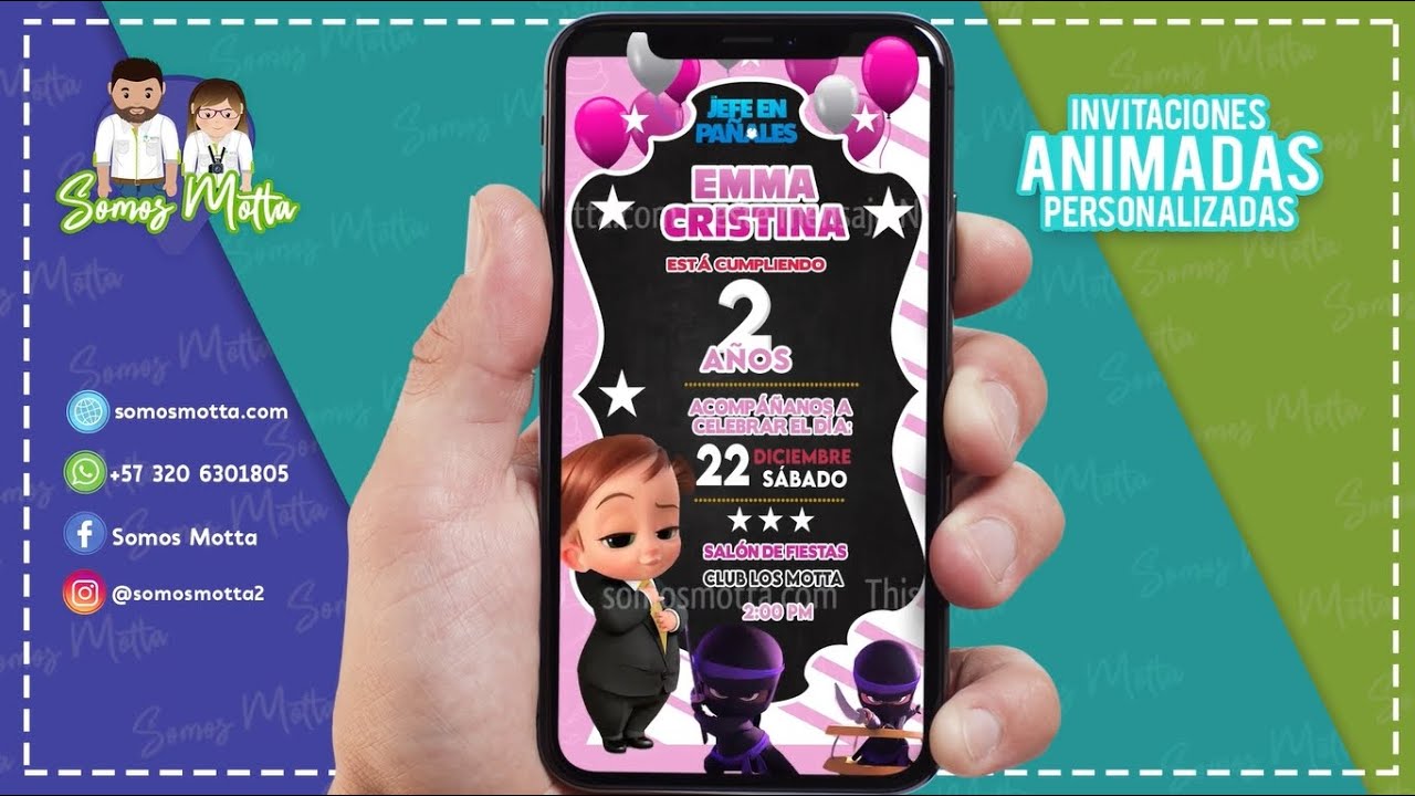 INVITACIÓN DIGITAL JEFE EN PAÑALES NIÑA Somos Motta, image size:1280x720