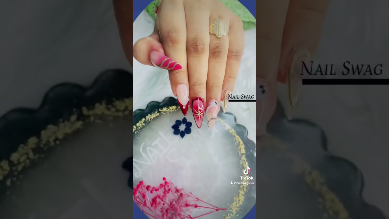 Stunning Red & Pink Stiletto Nails with Gold Detailing | Nail Swag Lahor