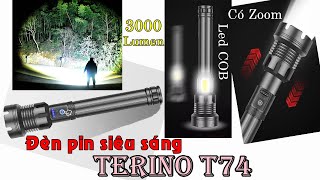 Mở hộp đèn pin CSGT siêu sáng, soi xa, có zoom, đa năng. Terino T74 3000 lumens, có led phụ COB.