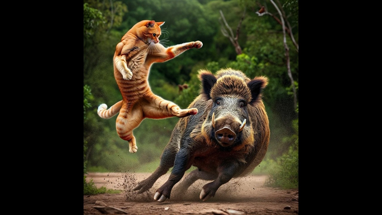 Super Moew Challenge a Wild Boar 