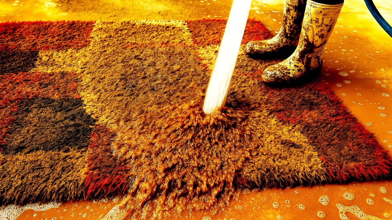 Deep cleaning dirty shaggy rug with water pressure/ Satisfying and relaxing cleaning cute shaggy rug