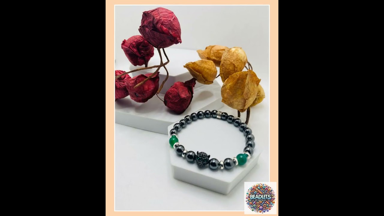 Mens Jewelry Black Panther Hematite Bracelet with Green Jade Gemstone Beads, Gifts for Her, Gift ...