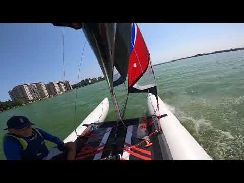 Minicat 420 tacking with savage gusts