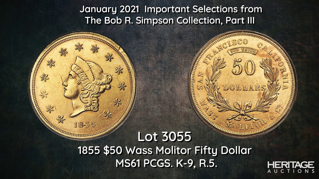 1855 $50 Wass Molitor Fifty Dollar MS61 PCGS. K-9, R.5. | Lot