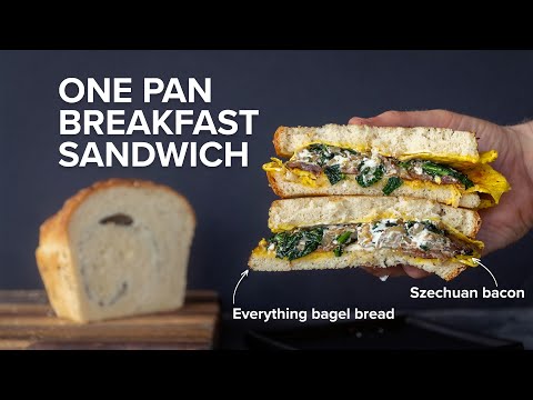 One pan egg sandwich with Szechuan bacon and kale-onion cream cheese, from the video