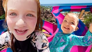 PiRATE WATER PARK!!  Navey's First Water Slide! Adley \u0026 Family Swim with Fish at Disney Hawaii movie