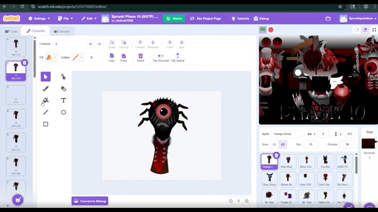 Как создать Sprunki Phase 10 на Scratch, часть 1. Костюмы и звуковое сопровождение Орена — от Tej.