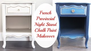 French Provincial Night Stand Makeover for Thrift Flip Thursday. Blended blue chalk paint finish