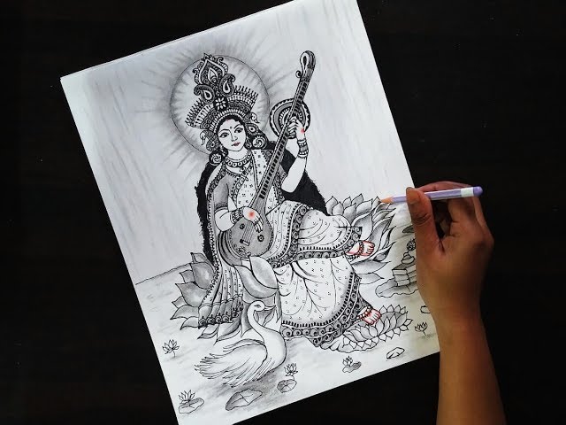 sketch #maasaraswati Goddess Saraswati Pencil Sketch | Maa Saraswati ... |  TikTok