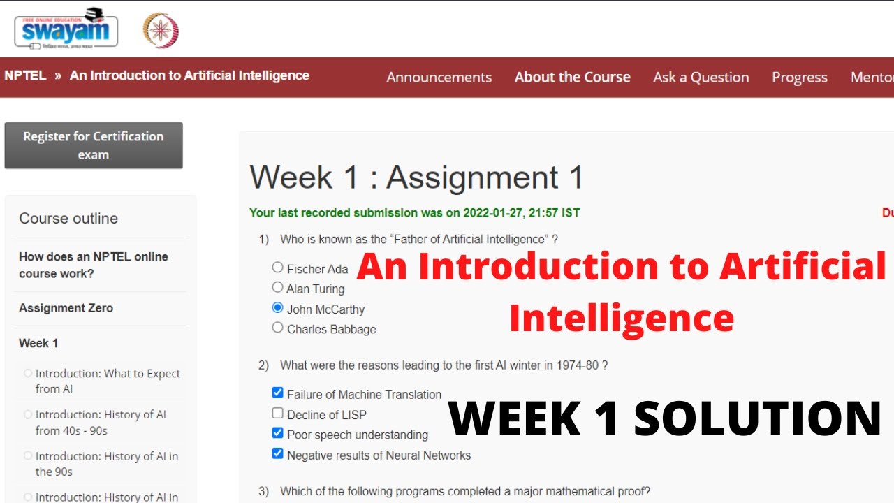 introduction to artificial intelligence nptel assignment 1 answers 2022