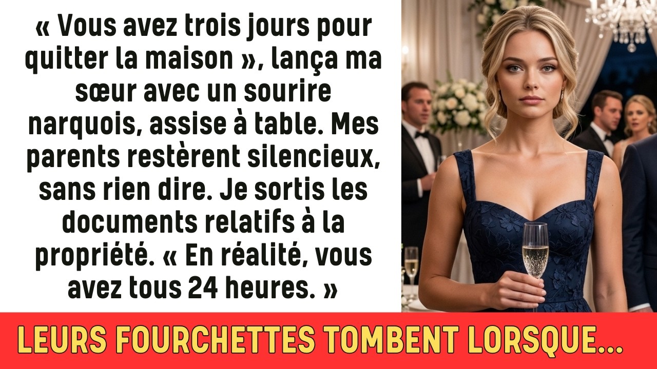 On m’a servi du poulet rôti, une purée onctueuse et un sourire suffisant en face de moi. "Tu as trois jours pour quitter la maison", a lancé ma sœur entre deux gorgées de vin, pendant que mes...