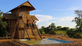Build Big Three Story Mud House And Build Swimming Pool With Twin Bamboo Water Slide (full video)