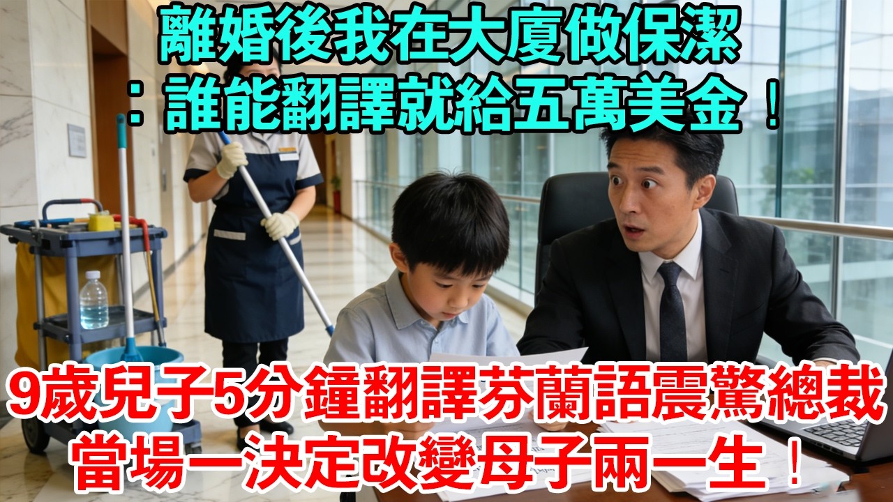 離婚後我在大廈做保潔：誰能翻譯就給五萬美金！9歲兒子5分鐘翻譯芬蘭語震驚總裁當場一決定改變母子兩一生！#為人處世#生活經驗#情感#故事#正能量