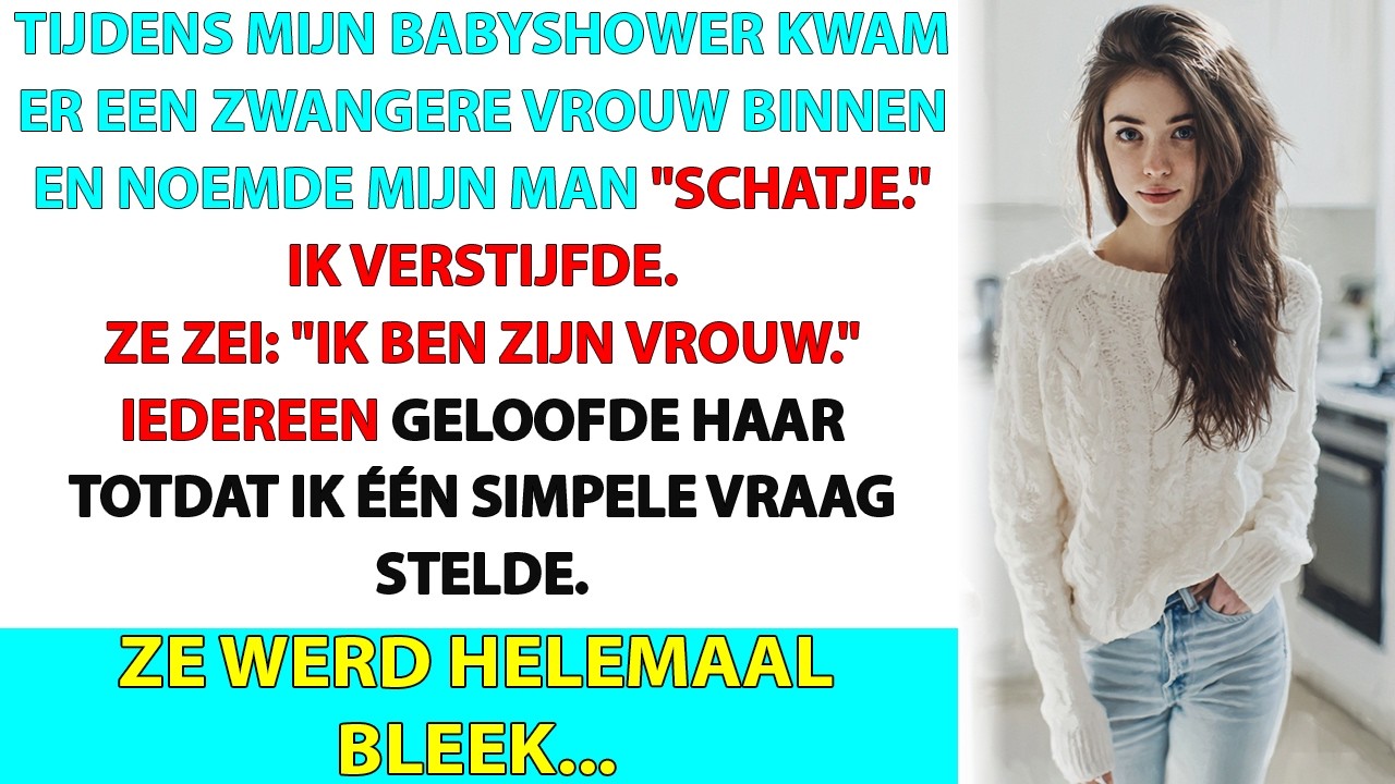 Tijdens mijn babyshower, omringd door familie en vrienden, liep er plotseling een hoogzwangere vreemde vrouw naar binnen. Ze keek mijn man recht aan en zei: "Schat, je had me niets verteld over...