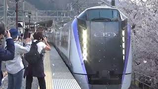 [桜吹雪×MH!]JR中央東線E353系特急あずさ29号松本行き 勝沼ぶどう郷駅通過ミュージックホーン吹鳴