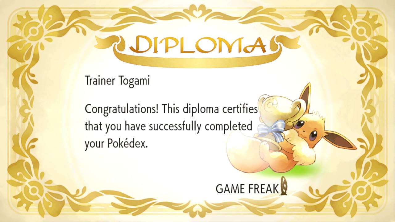 Full Kanto Pokedex Completion Shiny Charm Prize Diploma Pokemon Lets Go Pikachu Eevee