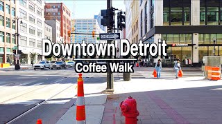 Detroit Downtown Michigan Relaxing Coffee Walk | 5K 60FPS | City Sounds