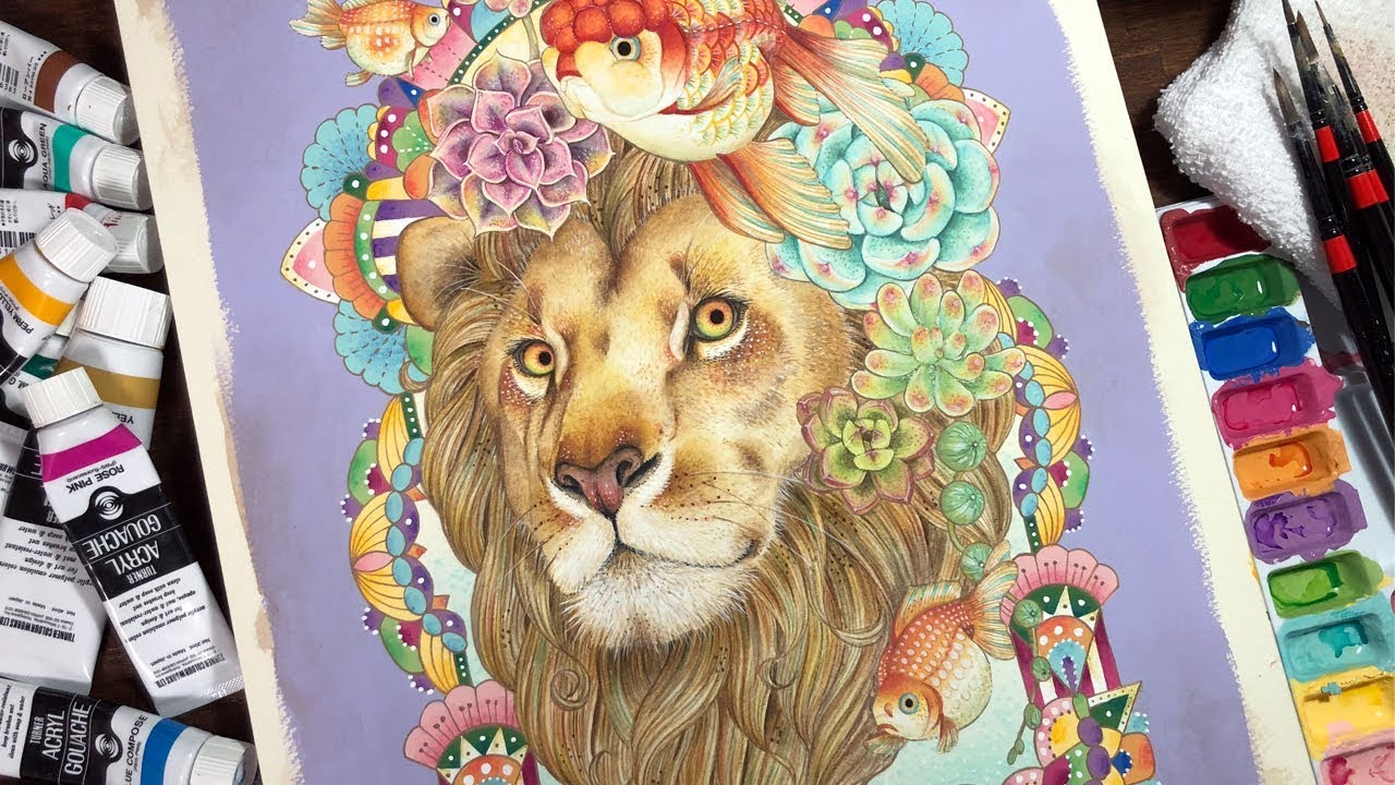 アクリルガッシュ ライオンの色塗りメイキング Painting Of Lion Youtube